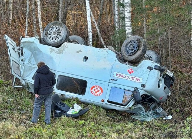 На юге Архангельской области УАЗ скорой помощи улетел в кювет